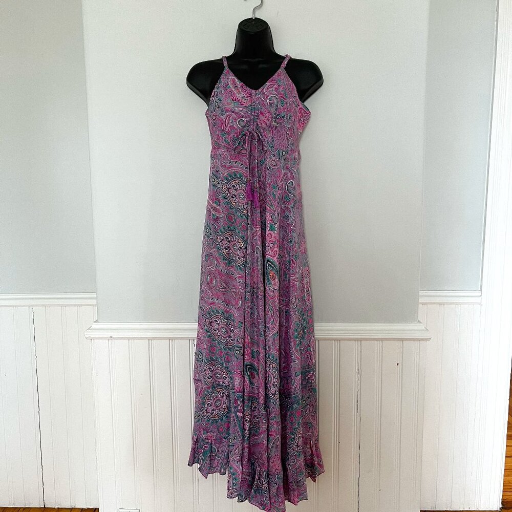 Pink Paisley Satin Maxi Dress with Spaghetti Straps, Size M/L
